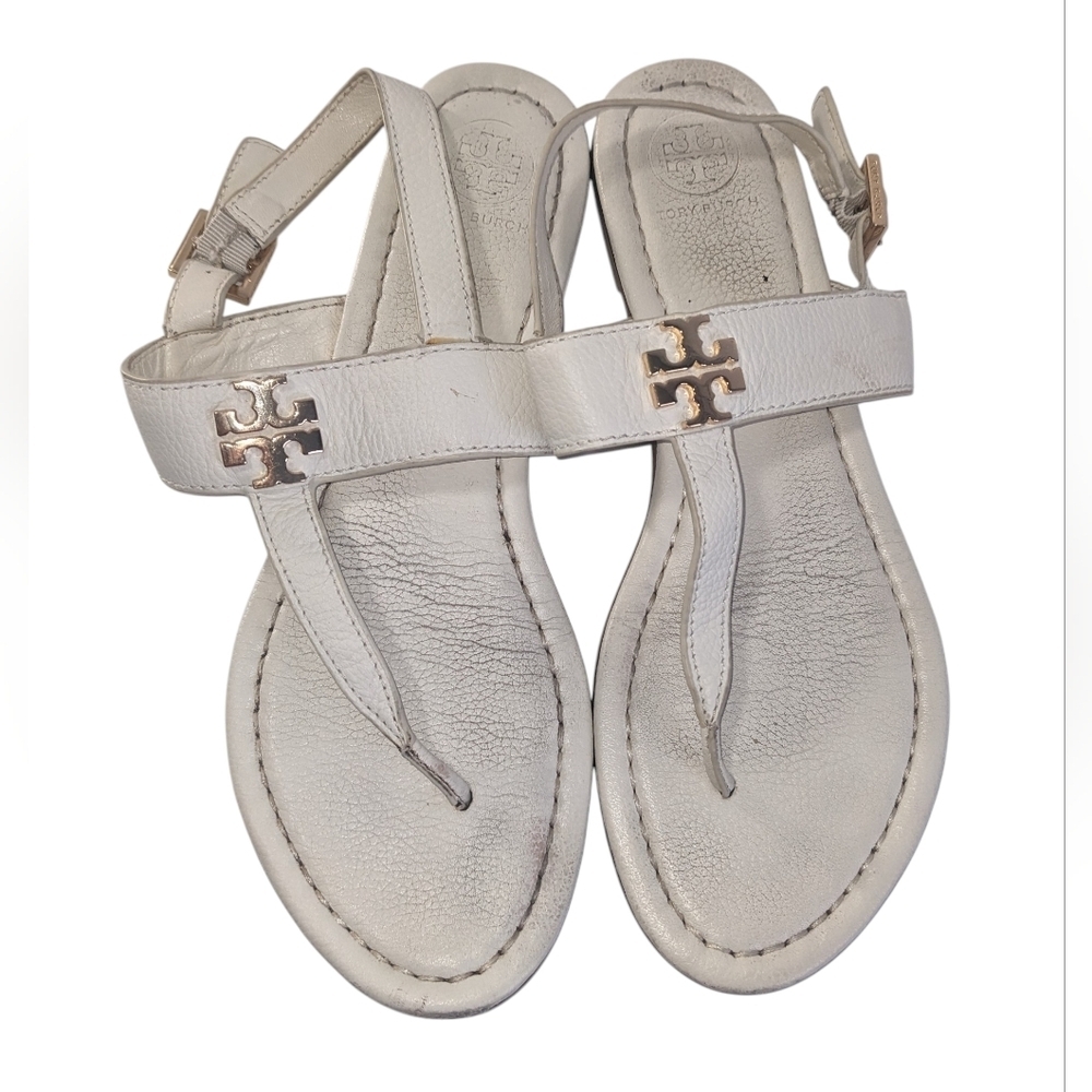 Tory Burch Eleanor Thong  White Leather Sandals with Gold Accents Size 8 Flaw